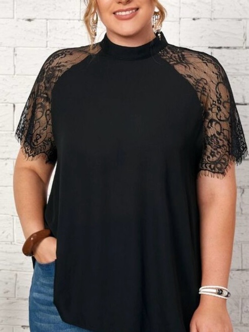 Emery Rose| Feminine Black Lace Short Sleeve Lightweight Blouse Sz 2XL